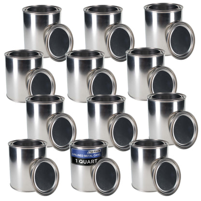 1 Quart Unlined Empty Metal Paint Can Bucket with Lids, Pack of 12 - Triple Tight Lid Seal, 32 fl. oz. Steel Coating Storage Container Tin