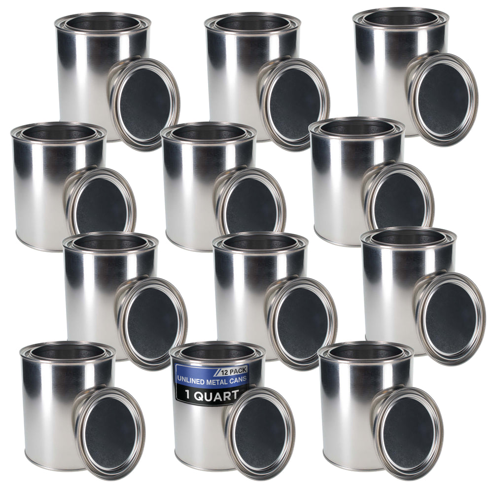 1 Quart Unlined Empty Metal Paint Can Bucket with Lids, Pack of 12 - Triple Tight Lid Seal, 32 fl. oz. Steel Coating Storage Container Tin - Store Leftover Oil-Based Paint, Automotive, Art
