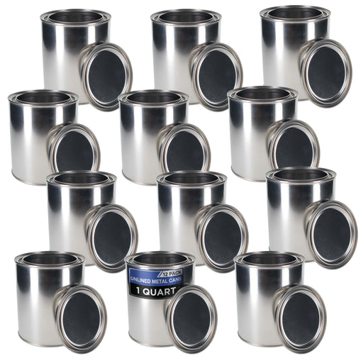 1 Quart Unlined Empty Metal Paint Can Bucket with Lids, Pack of 12 - Triple Tight Lid Seal, 32 fl. oz. Steel Coating Storage Container Tin - Store Leftover Oil-Based Paint, Automotive, Art