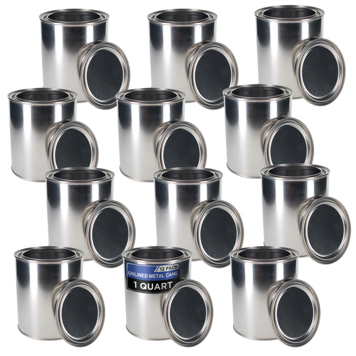 1 Quart Unlined Empty Metal Paint Can Bucket with Lids, Pack of 12 - Triple Tight Lid Seal, 32 fl. oz. Steel Coating Storage Container Tin - Store Leftover Oil-Based Paint, Automotive, Art