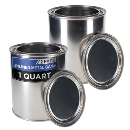 1 Quart Unlined Empty Metal Paint Can Bucket with Lids, Pack of 2 - Triple Tight Lid Seal, 32 fl. oz. Steel Coating Storage Container Tin