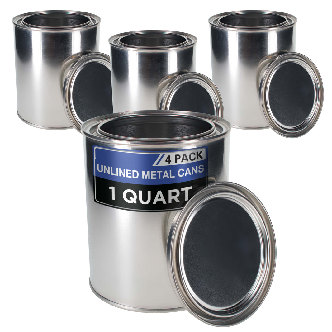 1 Quart Unlined Empty Metal Paint Can Bucket with Lids, Pack of 4 - Triple Tight Lid Seal, 32 fl. oz. Steel Coating Storage Container Tin