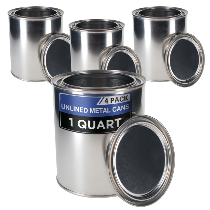 1 Quart Unlined Empty Metal Paint Can Bucket with Lids, Pack of 4 - Triple Tight Lid Seal, 32 fl. oz. Steel Coating Storage Container Tin - Store Leftover Oil-Based Paint, Automotive, Art