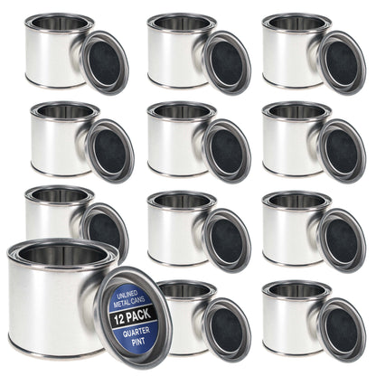 1/4 Pint Unlined Empty Metal Paint Can Bucket with Lids, Pack of 12 - Triple Tight Lid Seal, 4 fl. oz. Steel Coating Storage Container Tin