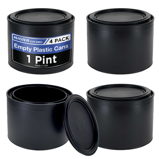 Master Elite 1 Pint Empty Plastic Paint Can Bucket, Pack of 4 - Triple Lock Airtight Lid Seal, 32 fl. oz. All-Plastic Coating Storage Can, Pail Handle