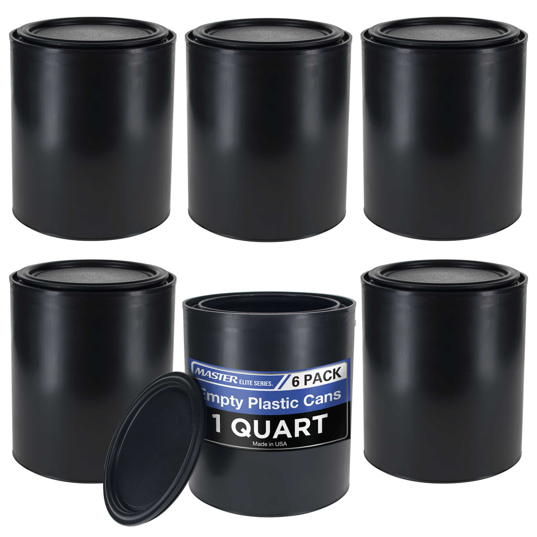 1 Quart Empty Plastic Paint Can Bucket, Pack of 6 - Triple Lock Airtight Lid Seal, 32 fl. oz. All-Plastic Coating Storage Can Pail Handle