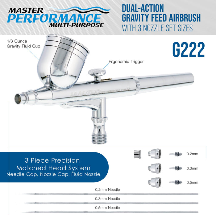 Master Airbrush G222 Multi-Purpose Dual-Action Gravity Feed Airbrush Gun Set for Model Painting, Graphics, Cake & Fine Art - Air Brush Gun Kit with 3 Nozzle Sets (0.2, 0.3, 0.5mm) & 1/3 oz Cup