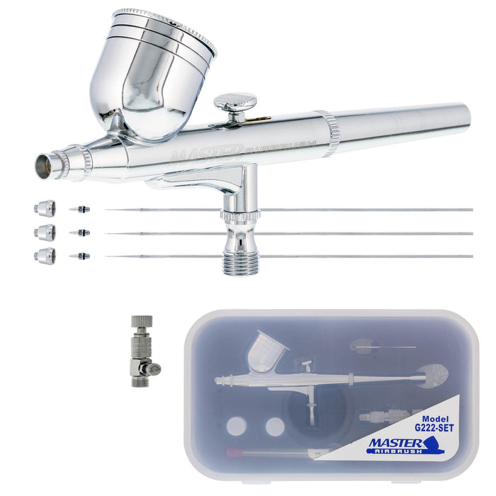 G222 Pro Set Master Airbrush with 3 Nozzle Sets (0.2, 0.3 & 0.5mm Needles, Fluid Tips and Air Caps) - Dual-Action Gravity Feed Airbrush, 1/3 oz. Cup