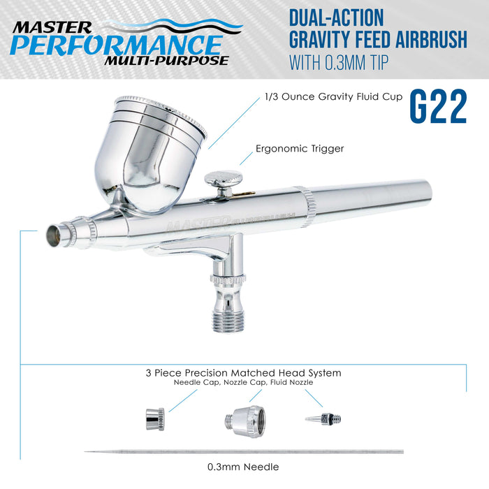 Master Airbrush G22 Multi-Purpose Dual-Action Gravity Feed Airbrush Gun for Model Painting, Graphics, Cake & Fine Art - Air Brush Gun Only with a 0.3mm Tip and 1/3 oz. Fluid Cup, Art Hobby Crafts