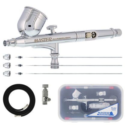 G233 Performance Pro Airbrush Kit with 3 Nozzle Sets (0.2, 0.3 & 0.5mm Needles, Fluid Tips & Air Caps) Hose, Dual Action Gravity