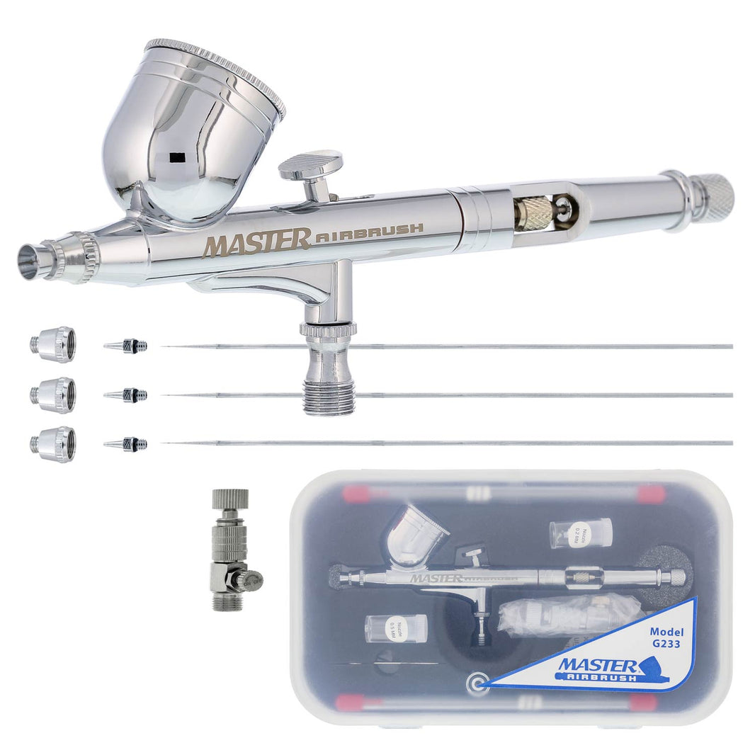 G233 Performance Pro Airbrush Kit with 3 Nozzle Sets (0.2, 0.3 & 0.5mm Needles, Fluid Tips & Air Caps), Gravity Dual Action - Air