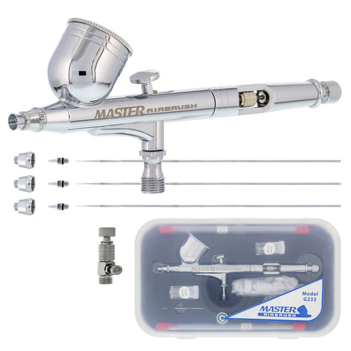 G233 Airbrush Pro Set with 3 Nozzle Sets (0.2, 0.3 & 0.5mm Needles, Fluid Tips & Air Caps) - Dual-Action Gravity Feed with 1/3oz Cup & Cutaway Handle