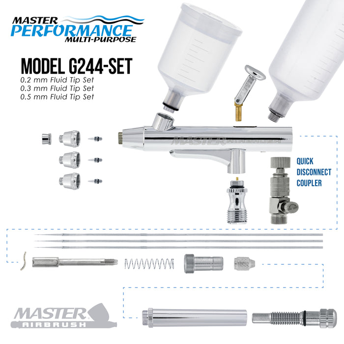 Master Airbrush G244 Pro Dual-Action Gravity Feed Airbrush Set with 3 Nozzle Sets (0.2, 0.3, 0.5mm) & Two Cups (3/4, 1.5 oz) for Tanning & Hobby - Air Brush Gun for Painting, Aerografo Body Art & Cake