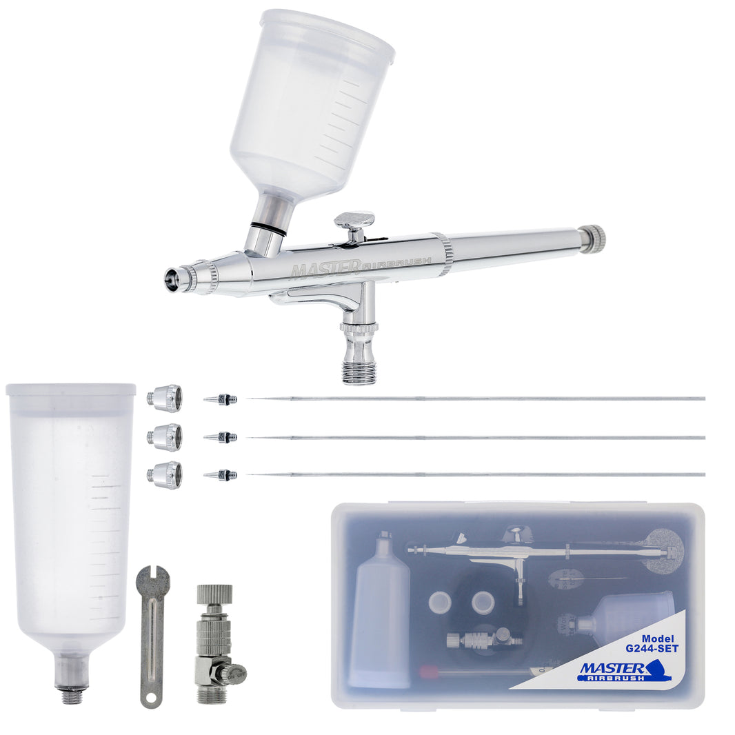 G244 Pro Dual-Action Gravity Feed Airbrush Set with 3 Nozzle Sets (0.2, 0.3, 0.5mm) & Two Cups (3/4, 1.5 oz) for Tanning & Hobby