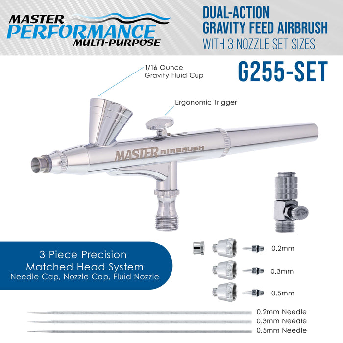 Master Airbrush G255 Pro Dual-Action Gravity Feed Airbrush Gun Kit with 3 Nozzle Sets (0.2, 0.3 & 0.5mm Needles, Fluid Tips and Air Caps) Aerografo Illustration, Nail Art, Model Painting & Cake