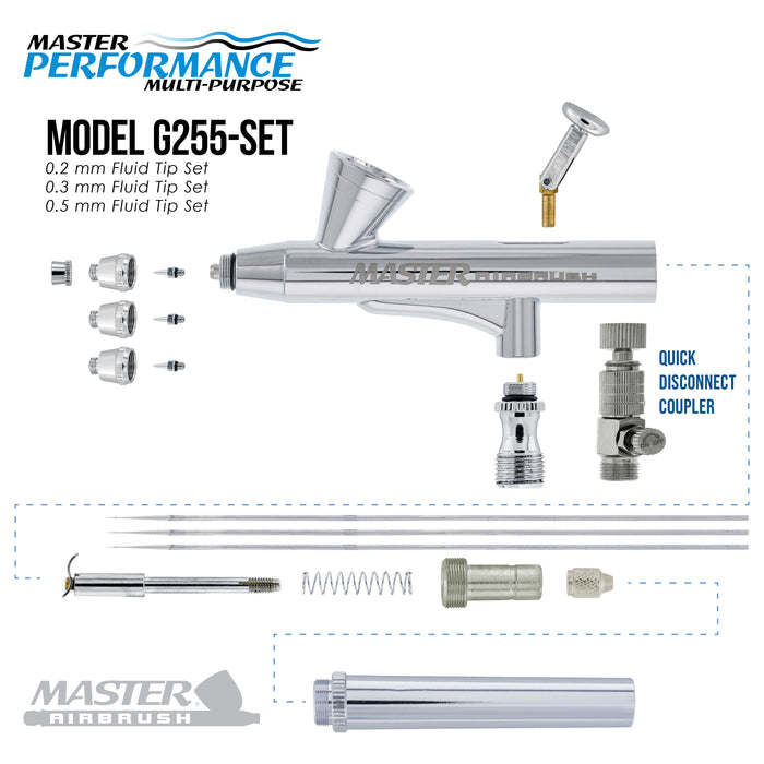 Master Airbrush G255 Pro Dual-Action Gravity Feed Airbrush Gun Kit with 3 Nozzle Sets (0.2, 0.3 & 0.5mm Needles, Fluid Tips and Air Caps) Aerografo Illustration, Nail Art, Model Painting & Cake