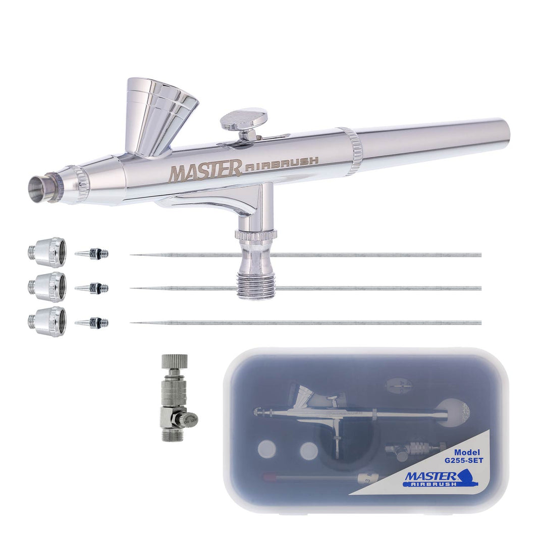 G255 Pro Dual-Action Gravity Feed Airbrush Gun Kit with 3 Nozzle Sets (0.2, 0.3 & 0.5mm Needles, Fluid Tips and Air Caps) Aerografo