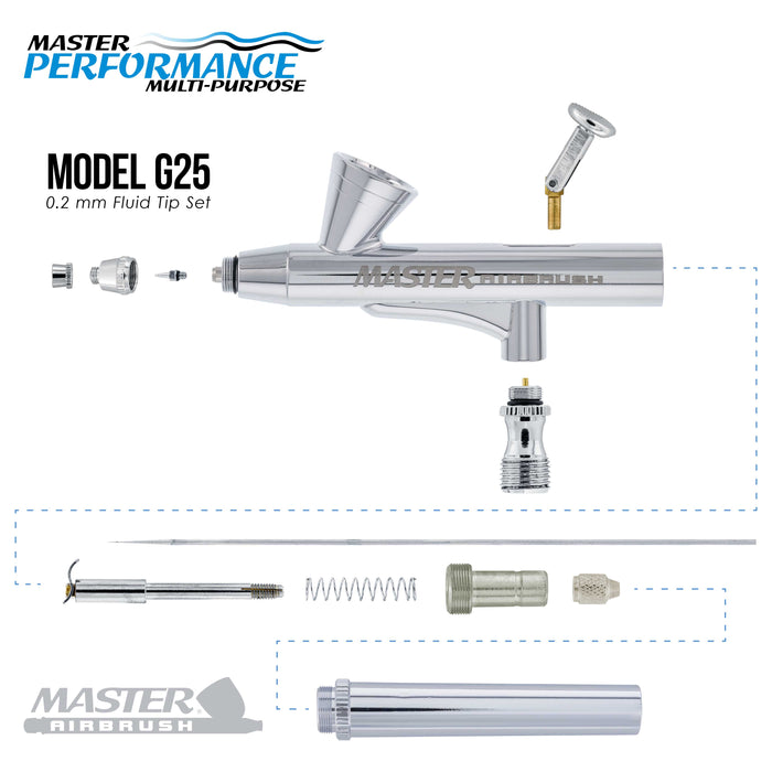 Master Airbrush G25 Multi-Purpose Dual-Action Gravity Feed Airbrush Gun Kit with 0.2mm Tip & 1/16 oz Cup for Aerografo Illustration, Nail Art, Model Painting & Cake Decorating