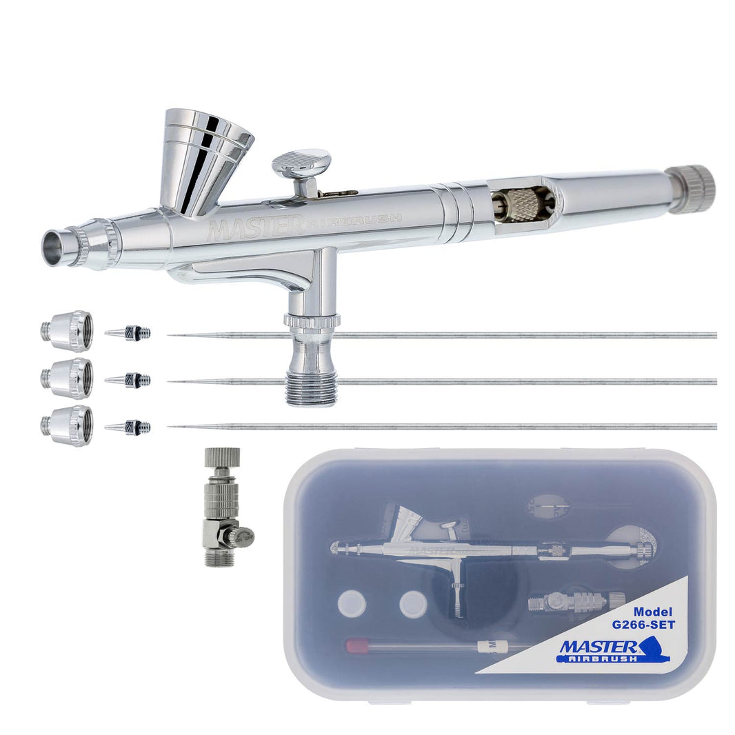 G266 Pro Dual-Action Gravity Feed Airbrush Gun with 3 Nozzle Sets (0.2, 0.3 & 0.5mm Needles, Fluid Tips & Air Caps), Cutaway Handle