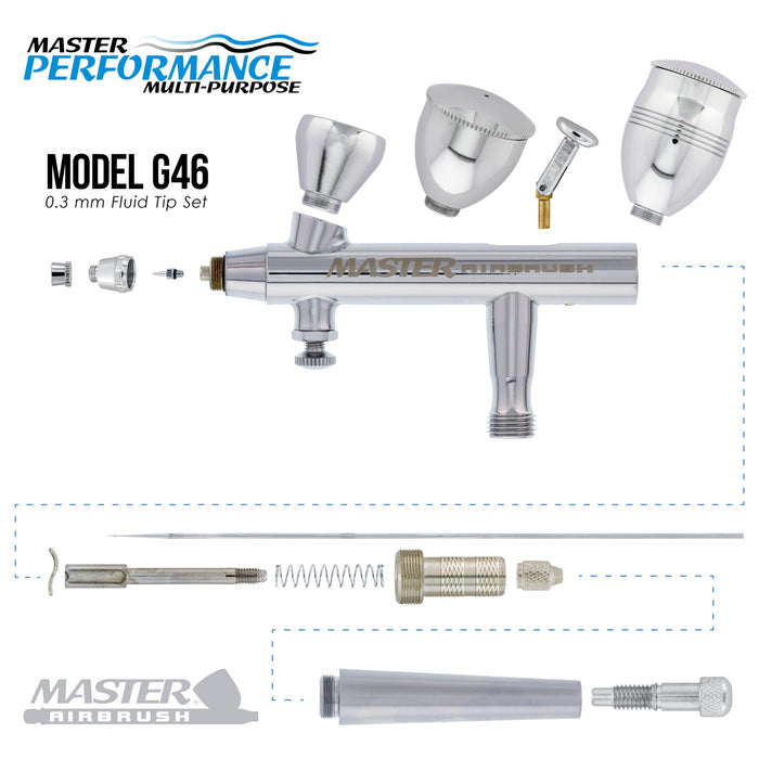 Master Airbrush Model G46 Multi-Purpose Dual-Action Airbrush, 0.3 mm Tip, 3 Sizes of Gravity Feed Fluid Cups, Micro Airflow Valve