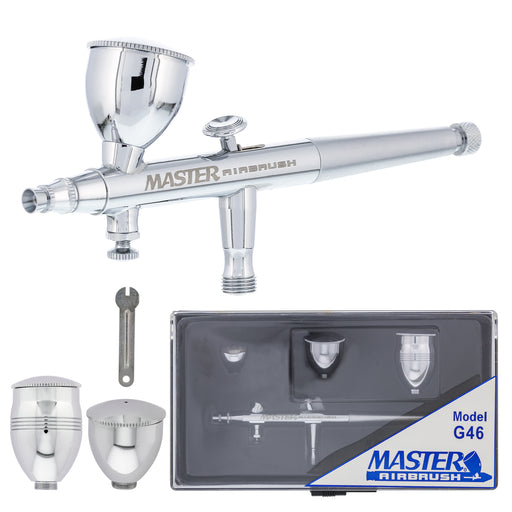 Master Airbrush Model G46 Multi-Purpose Dual-Action Airbrush, 0.3 mm Tip, 3 Sizes of Gravity Feed Fluid Cups, Micro Airflow Valve
