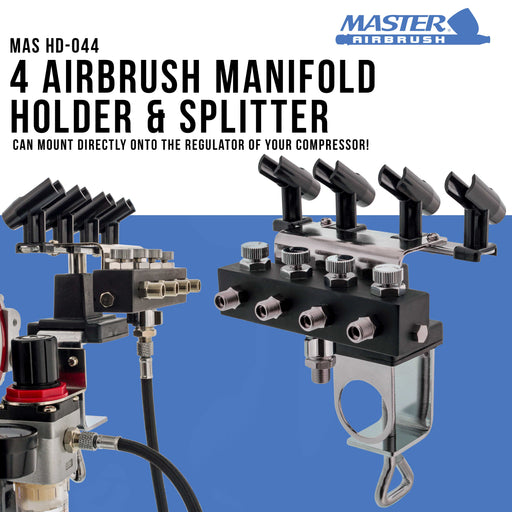 Airbrush Holder Station with 4-Way Air Splitter Manifold, Holds Up to 4 Airbrushes - Clamp on Work Table, Benchtop, Mount onto Compressor