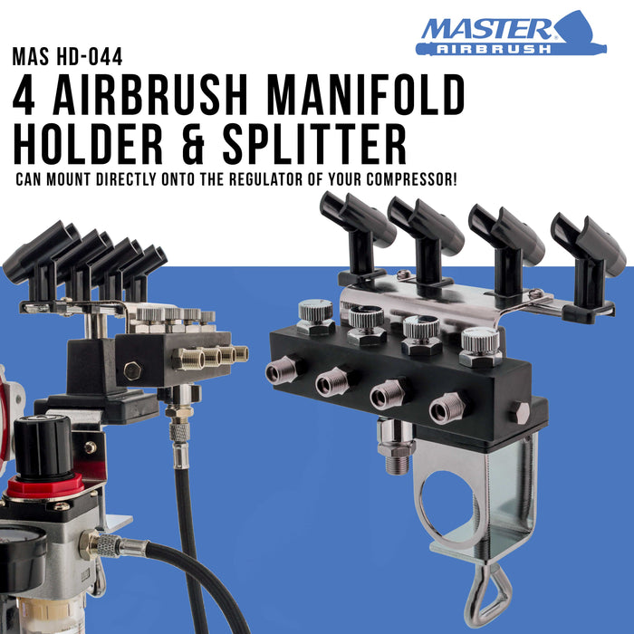 Airbrush Holder Station with 4-Way Air Splitter Manifold, Holds Up to 4 Airbrushes - Clamp on Work Table, Benchtop, Mount onto Compressor