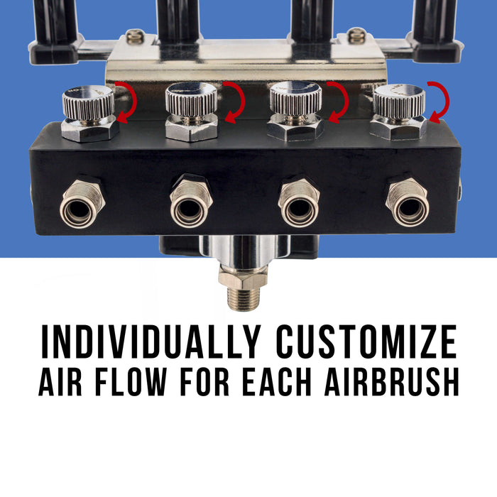 Airbrush Holder Station with 4-Way Air Splitter Manifold, Holds Up to 4 Airbrushes - Clamp on Work Table, Benchtop, Mount onto Compressor