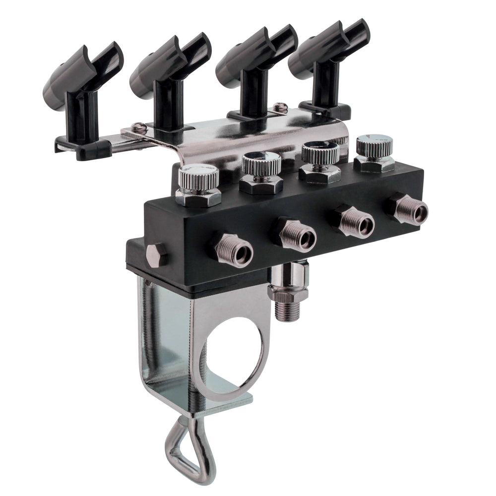 Airbrush Holder Station with 4-Way Air Splitter Manifold, Holds Up to 4 Airbrushes - Clamp on Work Table, Benchtop, Mount onto Compressor