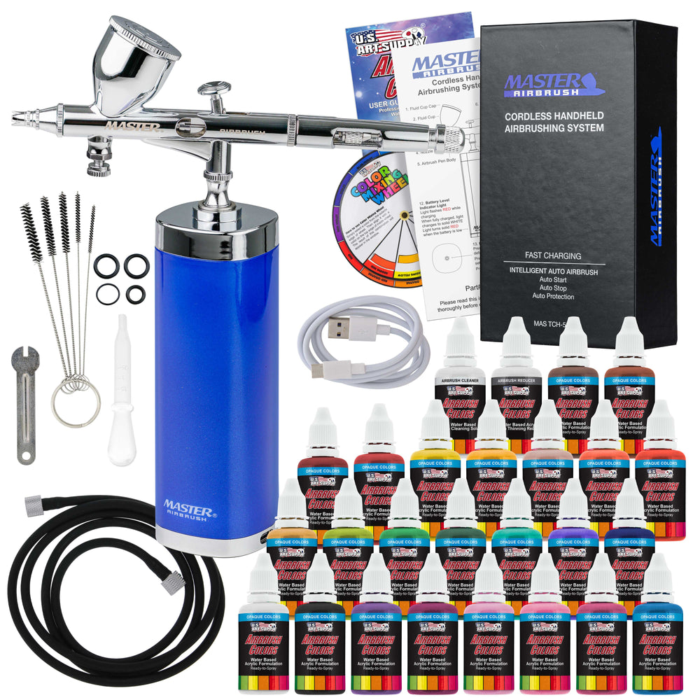 Master Airbrush Powerful Cordless Handheld Acrylic Paint Airbrushing System with 24 Primary Opaque Paint Colors, Reducer Cleaner Kit - 20 to 36 PSI