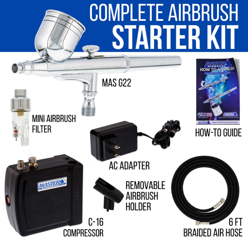 Master Performance G22 Airbrush Kit with Master Black Mini Portable Compressor C16-B, Air Hose & Air Filter Water Trap