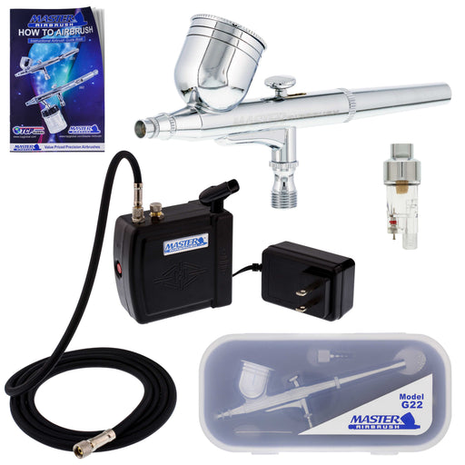 Master Performance G22 Airbrush Kit with Master Black Mini Portable Compressor C16-B, Air Hose & Air Filter Water Trap