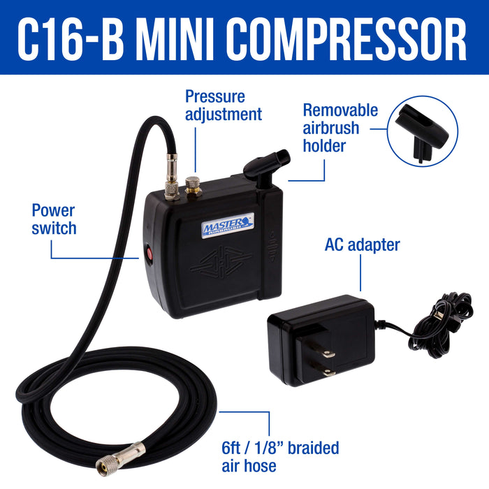 Master Performance G22 Airbrush Kit with Master Black Mini Portable Compressor C16-B & Air Hose