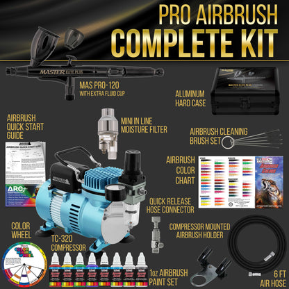 Cool Runner II Dual Fan Air Compressor System Kit with Plus Elite Level Performance Airbrush Set, 6 Acrylic Paint Colors