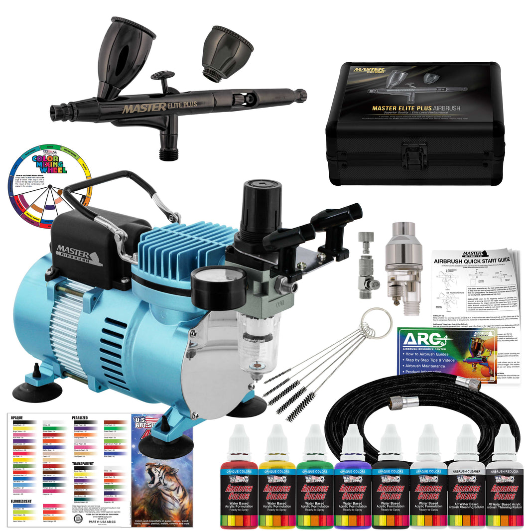 Cool Runner II Dual Fan Air Compressor System Kit with Plus Elite Level Performance Airbrush Set, 6 Acrylic Paint Colors
