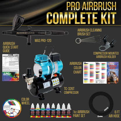 Cool Runner II Dual Fan Air Storage Tank Compressor System Kit, Plus Elite Performance Airbrush Set, 6 Color Acrylic Paints