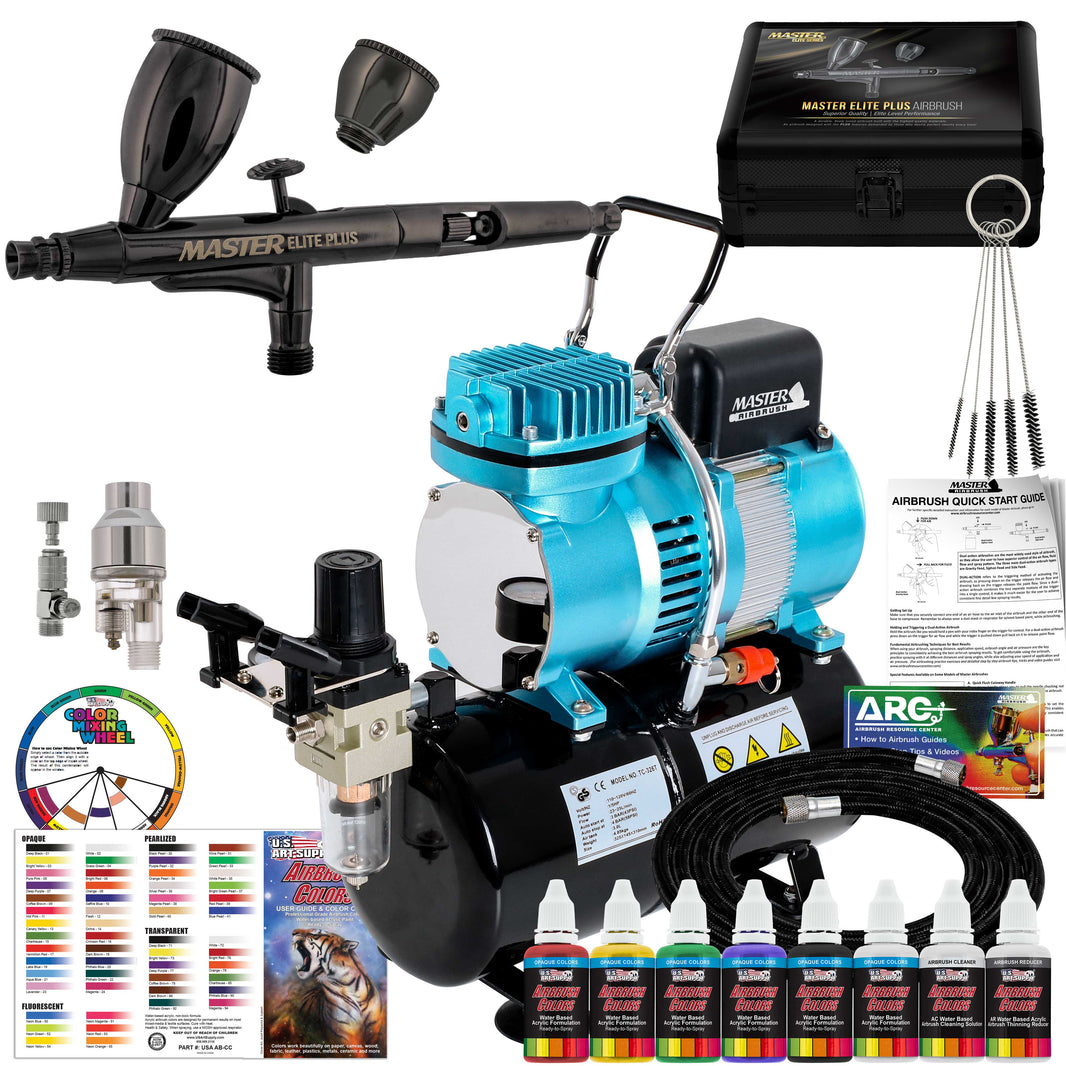 Cool Runner II Dual Fan Air Storage Tank Compressor System Kit, Plus Elite Performance Airbrush Set, 6 Color Acrylic Paints