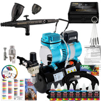 Cool Runner II Dual Fan Air Storage Tank Compressor System Kit, Plus Elite Performance Airbrush Set, 6 Color Acrylic Paints