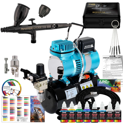 Cool Runner II Dual Fan Air Storage Tank Compressor System Kit, Plus Elite Performance Airbrush Set, 6 Color Acrylic Paints