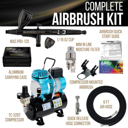 Cool Runner II Dual Fan Air Storage Tank Compressor System Kit with Plus Elite Performance Airbrush Set, Case, 0.3mm Tip