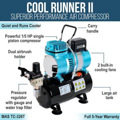 Cool Runner II Dual Fan Air Storage Tank Compressor System Kit with Plus Elite Performance Airbrush Set, Case, 0.3mm Tip