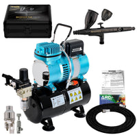 Cool Runner II Dual Fan Air Storage Tank Compressor System Kit with Plus Elite Performance Airbrush Set, Case, 0.3mm Tip