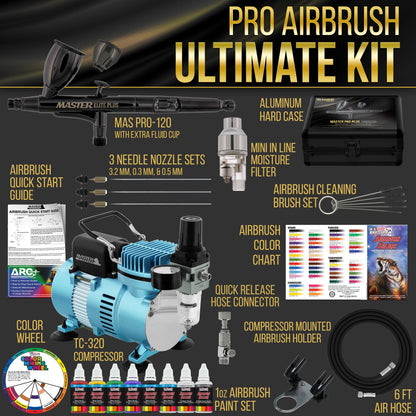 Cool Runner II Dual Fan Air Compressor System Kit with Plus Ultimate Airbrush Set with 3 Tips 0.2, 0.3 & 0.5 mm, Case, Dual-Action, 2