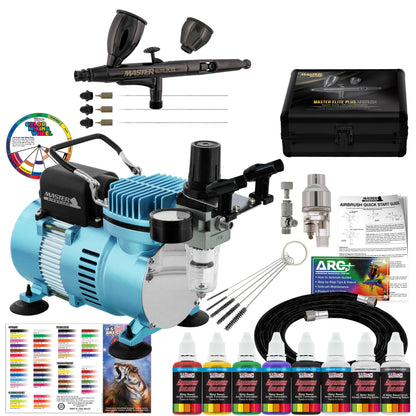 Cool Runner II Dual Fan Air Compressor System Kit with Plus Ultimate Airbrush Set with 3 Tips 0.2, 0.3 & 0.5 mm, Case, Dual-Action, 2