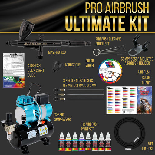Cool Runner II Dual Fan Air Storage Tank Compressor System Kit with Master Elite Plus Ultimate Airbrush Set with 3 Tips 0.2, 0.3 & 0.5 mm, Case, 2