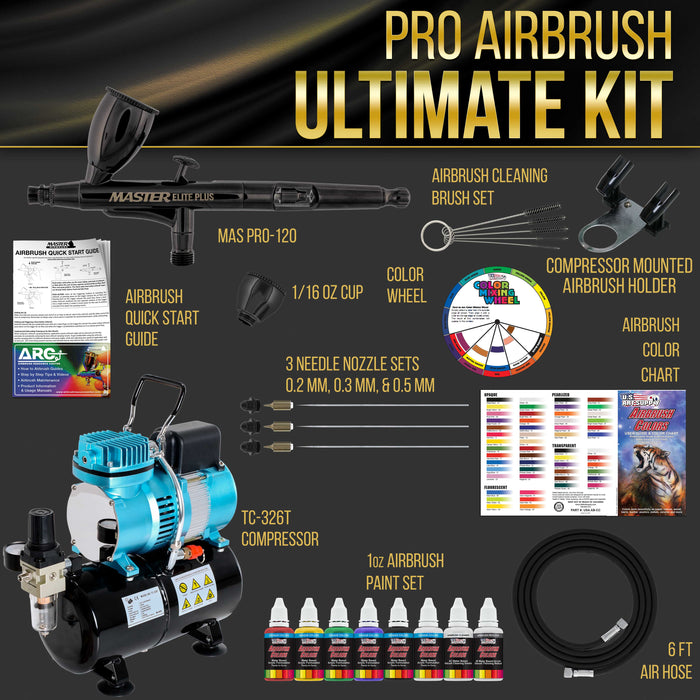 Cool Runner II Dual Fan Air Storage Tank Compressor System Kit with Master Elite Plus Ultimate Airbrush Set with 3 Tips 0.2, 0.3 & 0.5 mm, Case, 2 Cups