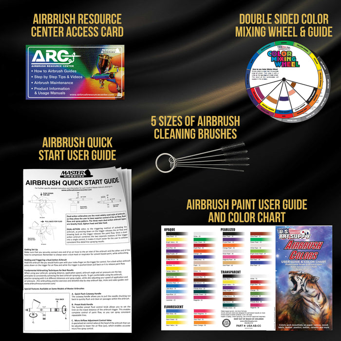 Cool Runner II Dual Fan Air Storage Tank Compressor System Kit with Master Elite Plus Ultimate Airbrush Set with 3 Tips 0.2, 0.3 & 0.5 mm, Case, 2 Cups