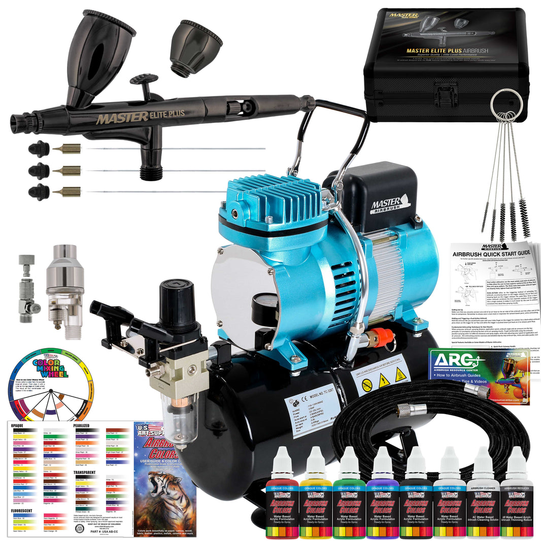 Cool Runner II Dual Fan Air Storage Tank Compressor System Kit with Plus Ultimate Airbrush Set with 3 Tips 0.2, 0.3 & 0.5 mm, Case, 2