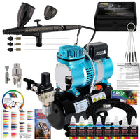 Cool Runner II Dual Fan Air Storage Tank Compressor System Kit with Plus Ultimate Airbrush Set with 3 Tips 0.2, 0.3 & 0.5 mm, Case, 2