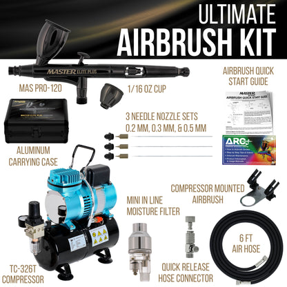 Cool Runner II Dual Fan Air Storage Tank Compressor System Kit with Plus Ultimate Airbrush Set with 3 Tips 0.2, 0.3 and 0.5 mm, Case
